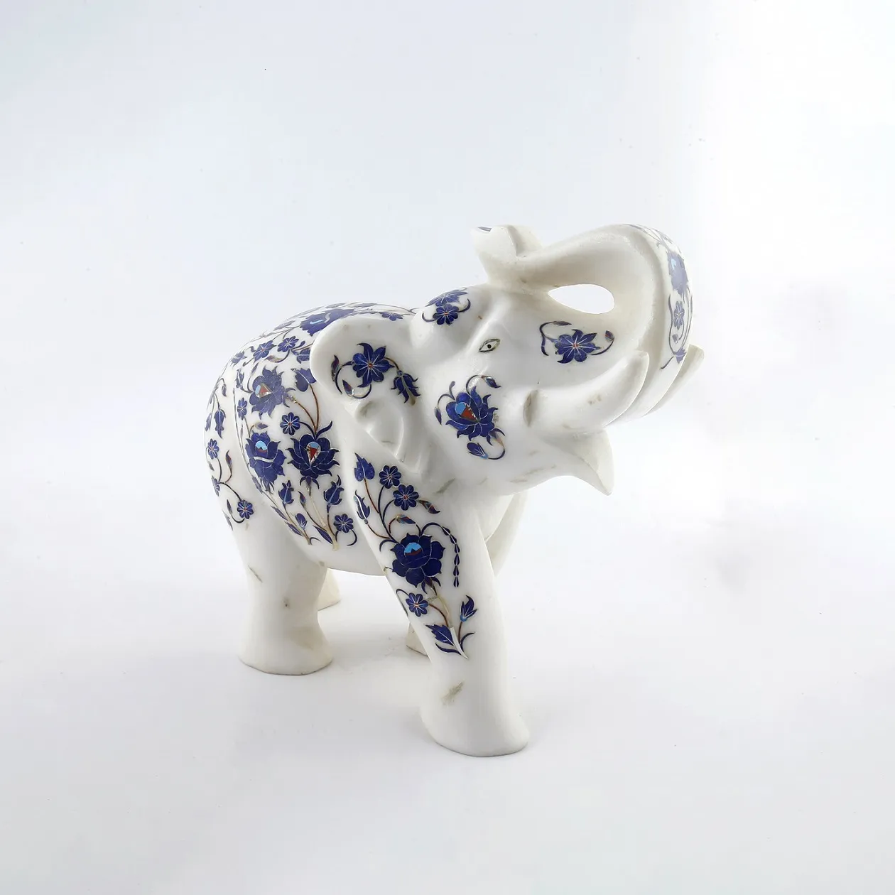 Inlaid Lapis Lazuli White Marble Inlay Elephant Figure Trunk up- A Piece of Good Luck
