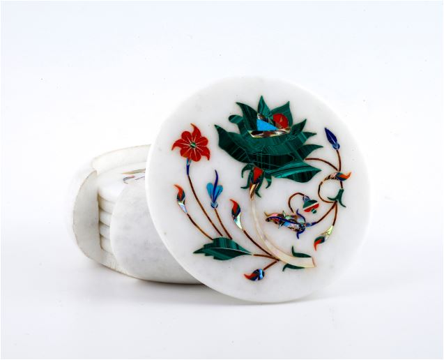 Tree of life pattern Marble Inlay Art Coaster Set of 6 piece| Malachite Coaster Set alternate view