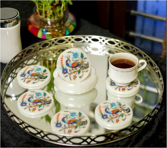 Artisan-crafted marble & semi-precious stone inlay coasters set