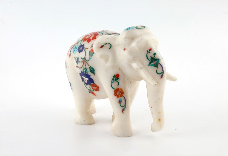 Handmade Marble Inlay Elephant Statue – Exquisite Pietra Dura Decor