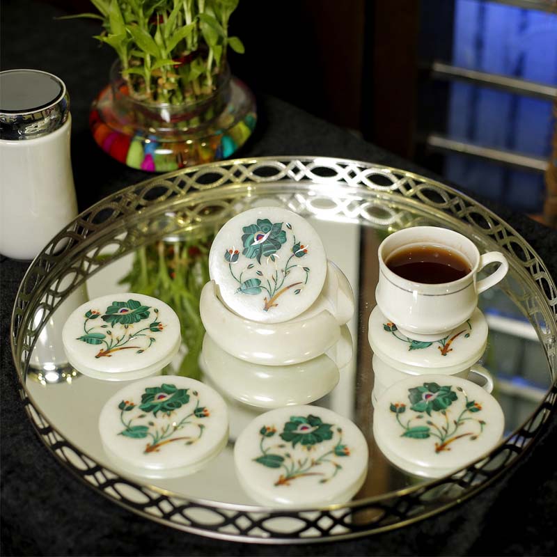 Artisan Marble & Malachite Stone Inlay Coaster Set for Drinks