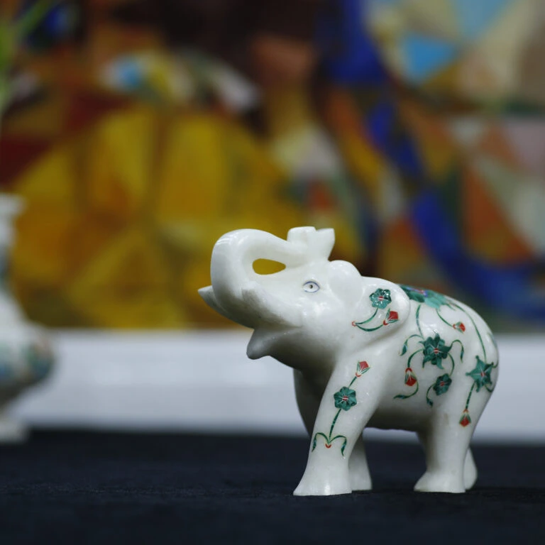 Luxury Marble Inlay Elephant Sculpture with Semi-Precious Stones