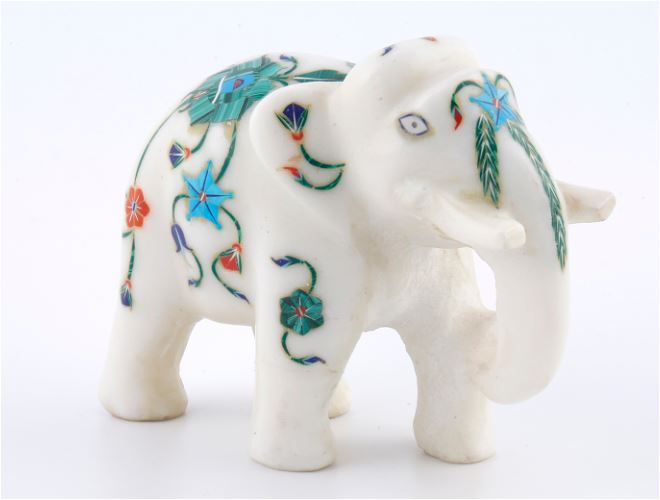 Elegant Wedding Gift White Marble Inlay Elephant Figure Trunk Down- sign of peace or welcome