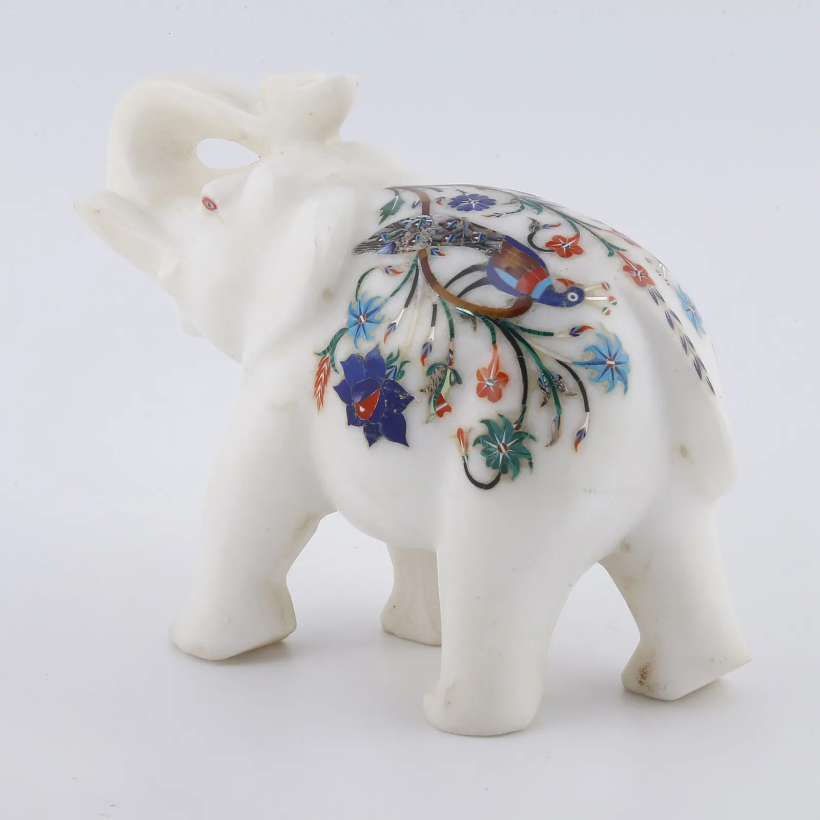 Decorative Peacock Design Marble Inlay Elephant Sculpture – Handcrafted Souvenir Master Piece
