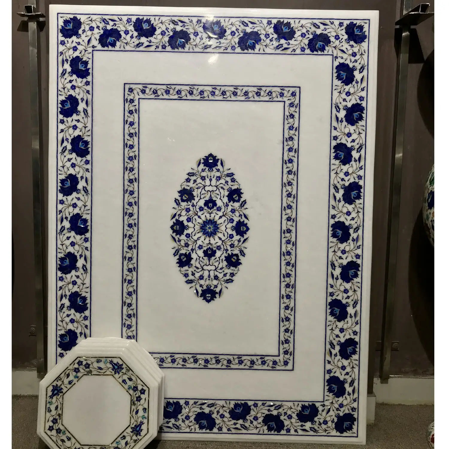 3X4 feet Inlaid Lapis Lazuli White Marble Dining & Center Table Top
