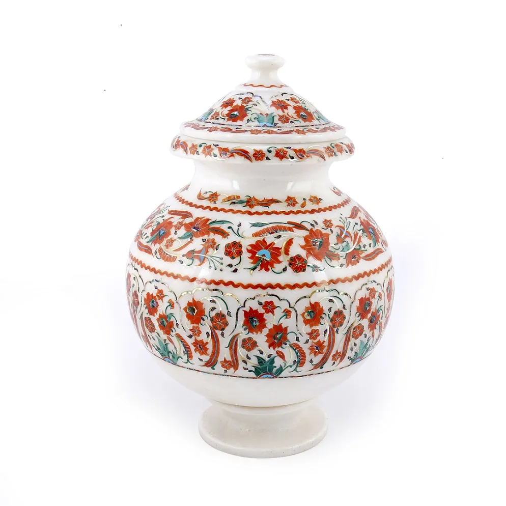 Handcrafted Marble Inlay Pot – Floral Design | Decorative White Marble Vase