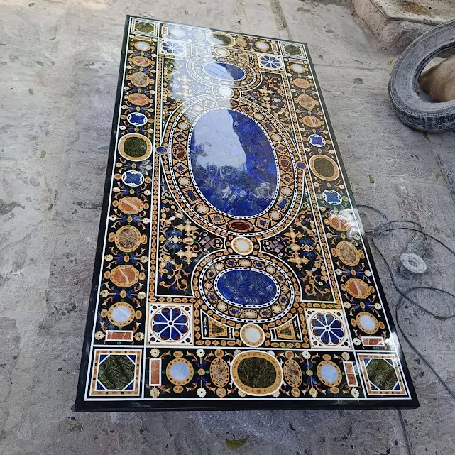 Luxury Handcrafted Black Marble Inlay Pietra Dura Marble Dining Tabletop – Semi-Precious Stone Inlay Design