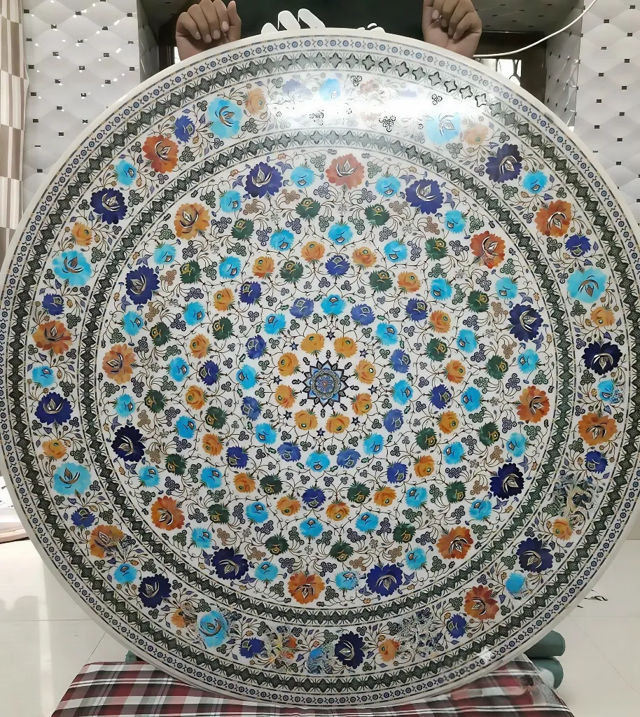 Antique Round White Marble Inlay Table Tops India