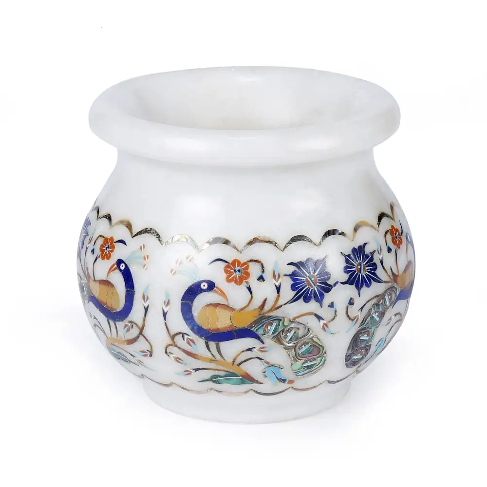 Peacock Design- White Marble Inlay Flower Pot| Pitcher & Votives