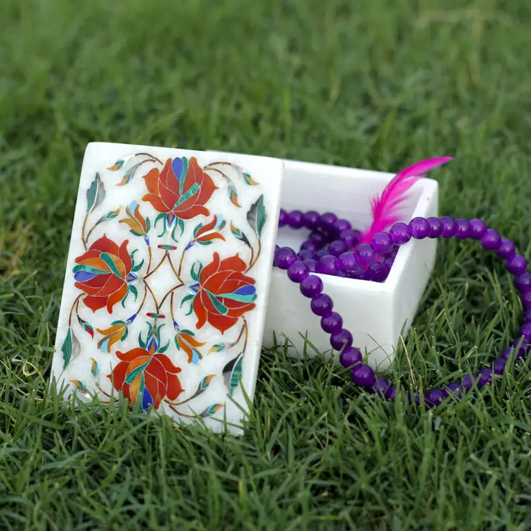 Handmade Marble Inlay Jewelry Box with Carnelian Semi-Precious Stones
