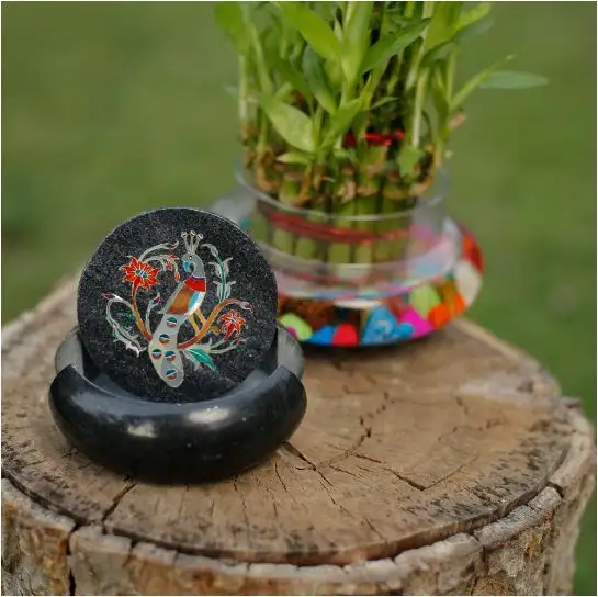 Handcrafted Black Marble Inlay Coaster Set – Elegant Peacock Design (6 Pieces with Holder) alternate view