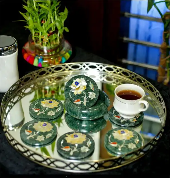 Premium Green Marble Inlay Coaster Set – Handcrafted Floral Design close detail