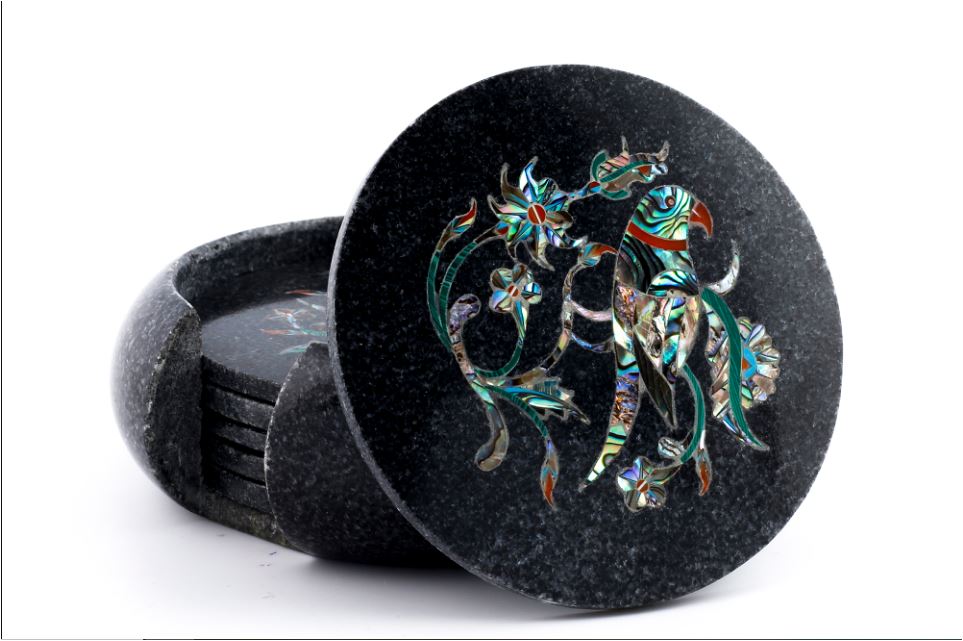Black Marble Inlay Coaster Set – Parrot & Floral Design, Handmade Luxury Tableware