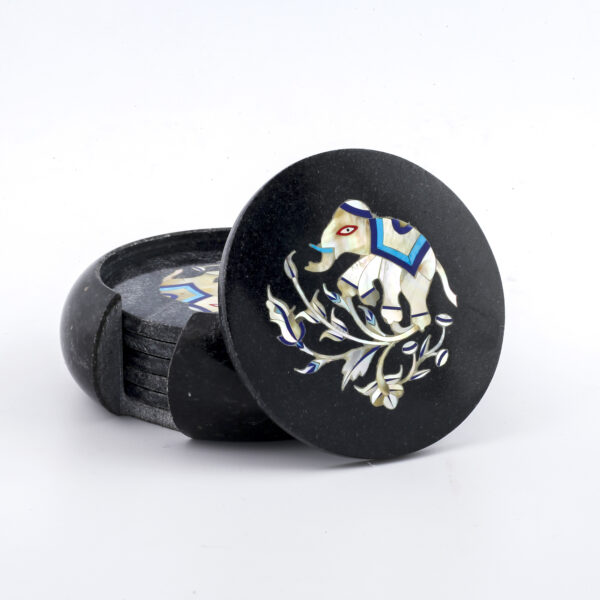 Black Marble Inlay Coaster Set – Elephant Design, Handmade Luxury Drinkware