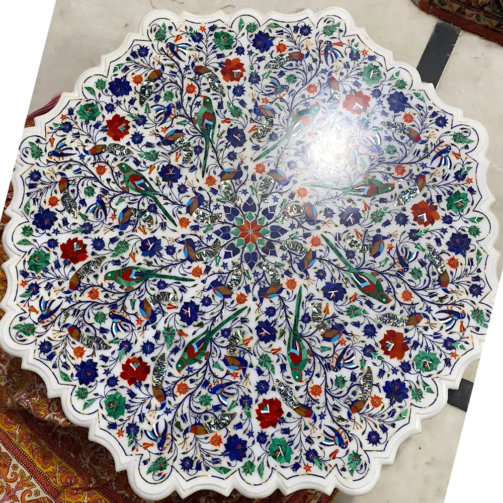 Luxury & Unique White Marble Inlay Coffee Table with Intricate Design