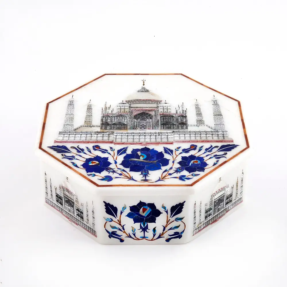 Hexagonal Marble Inlay Jewelry Box | Semi-Precious Stone Decorative Piece