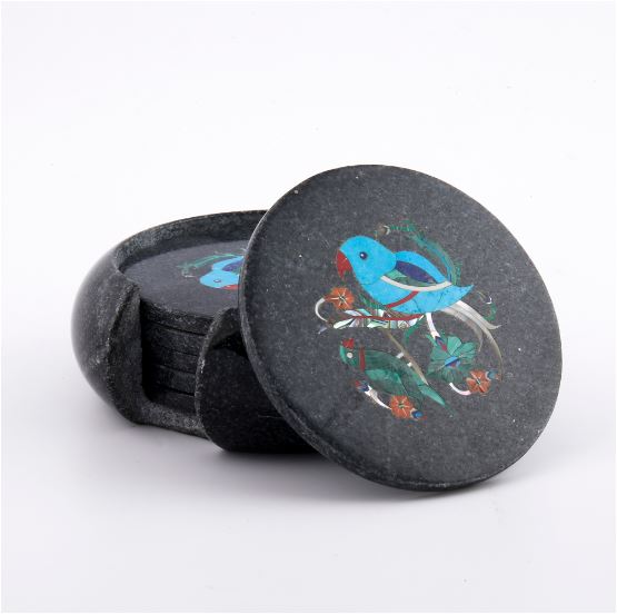 Handcrafted Black Marble Inlay Coaster Set – Blue Bird Design (6 Pieces with Holder)