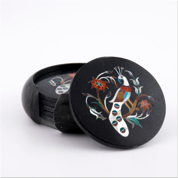 Handcrafted Black Marble Inlay Coaster Set – Elegant Peacock Design (6 Pieces with Holder)