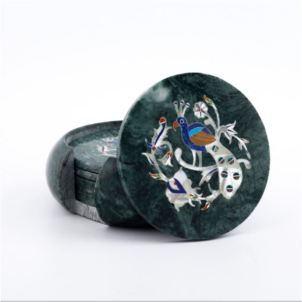 Handcrafted Green Marble Peacock Inlay Coaster Set – Luxury Table Décor