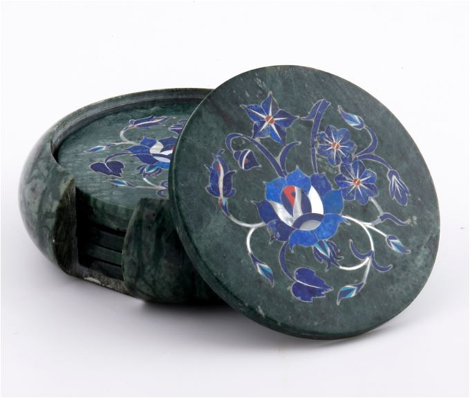 Green Marble Inlay Coaster Set – Handmade Floral Design its work of Art close detail