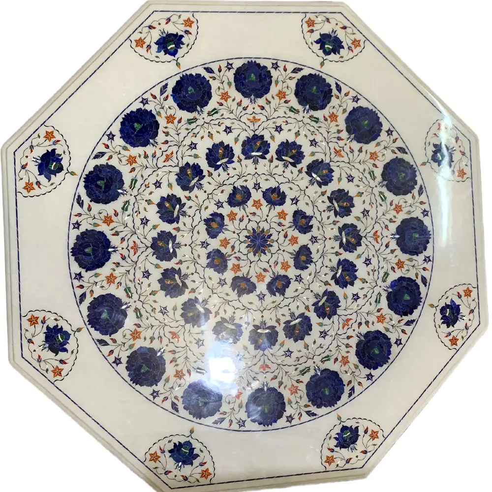Lapis Stone Octagon White Marble Inlay Center Table For Small Space