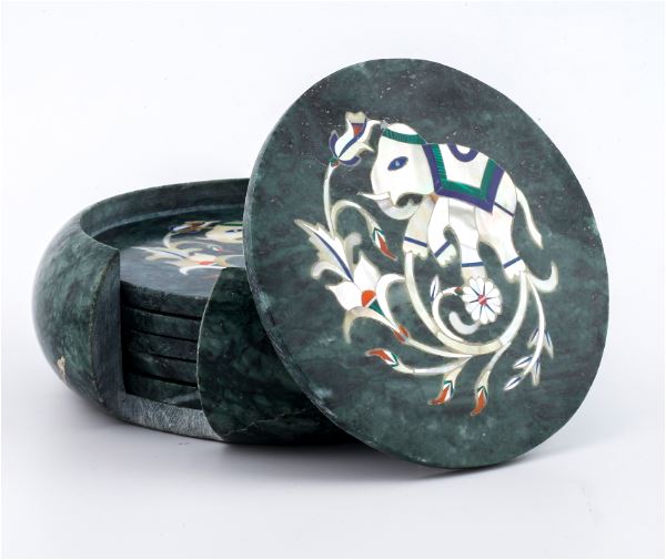 Green Marble Inlay Coaster Set – Elephant Design, Handmade Luxury Drinkware alternate view