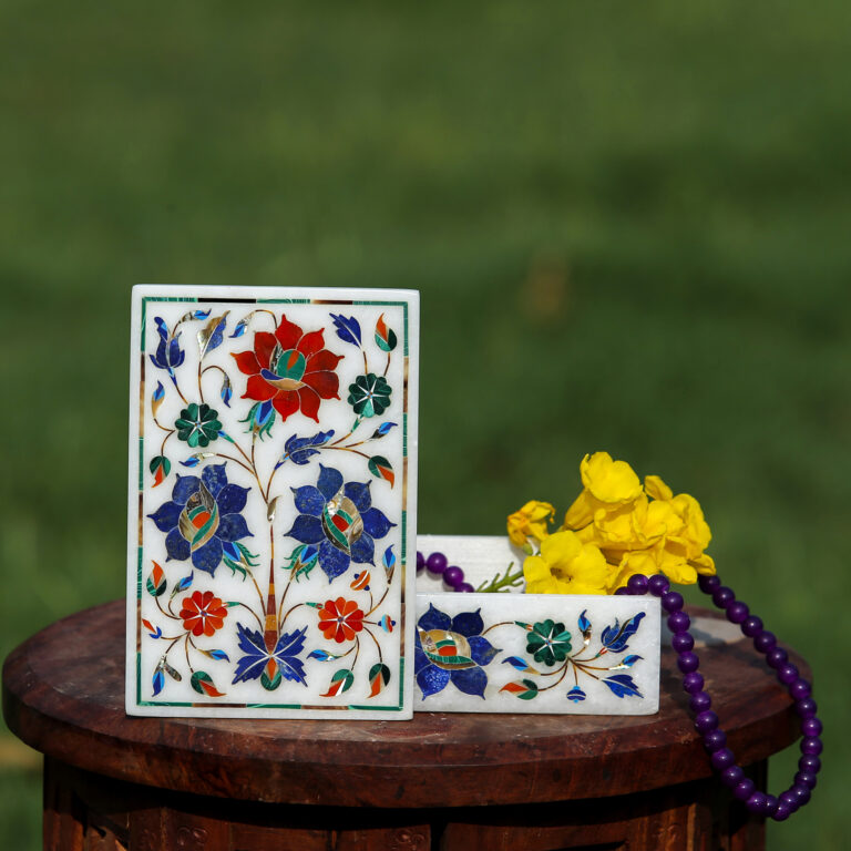 Handmade Marble Inlay Jewelry Box Gift For Her With Elegant Floral Design