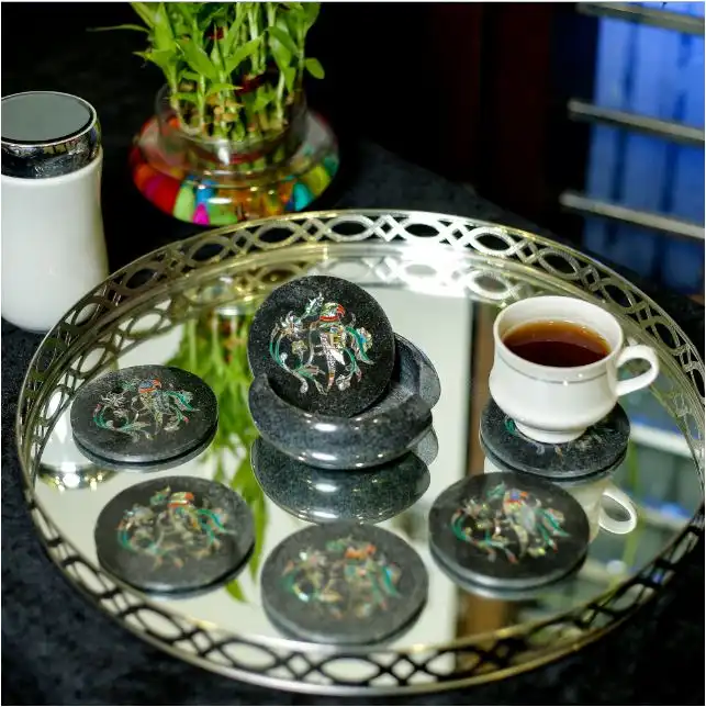 Black Marble Inlay Coaster Set – Parrot & Floral Design, Handmade Luxury Tableware alternate view
