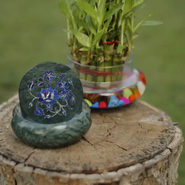 Green Marble Inlay Coaster Set – Handmade Floral Design its work of Art alternate view