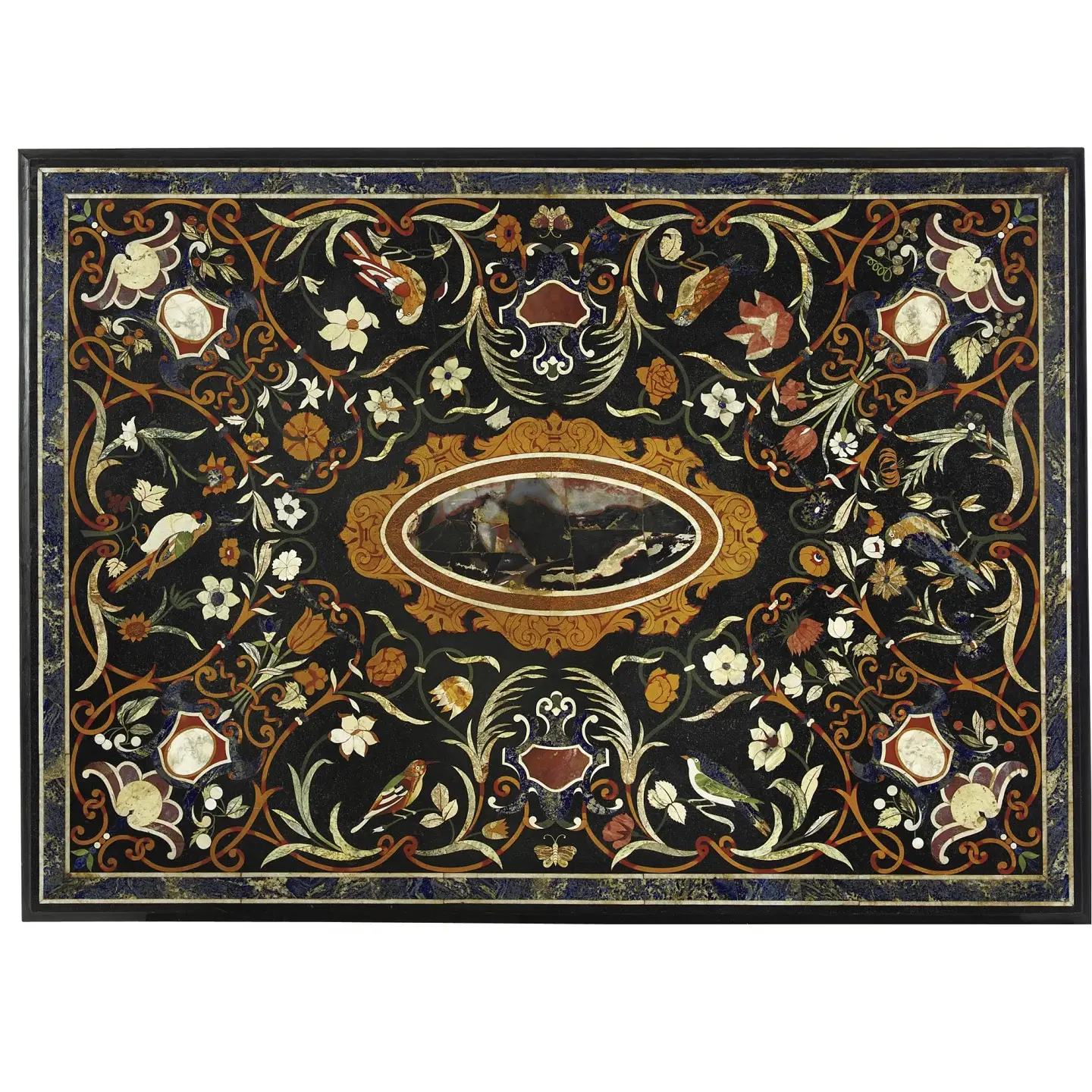 Elegant Black Marble Inlay Dining Table with Birds Design