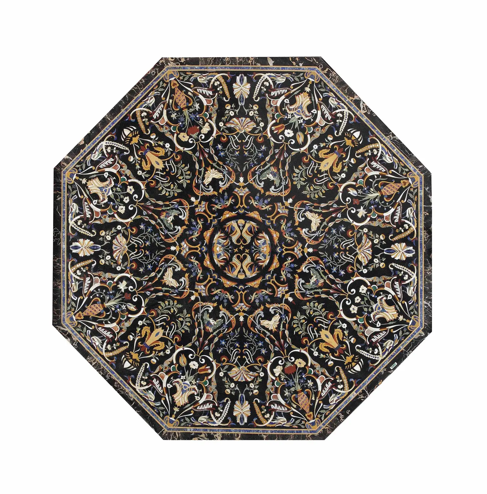 Luxury Black Marble Inlay Tabletop – Handmade Octagonal Floral Pietra Dura Design