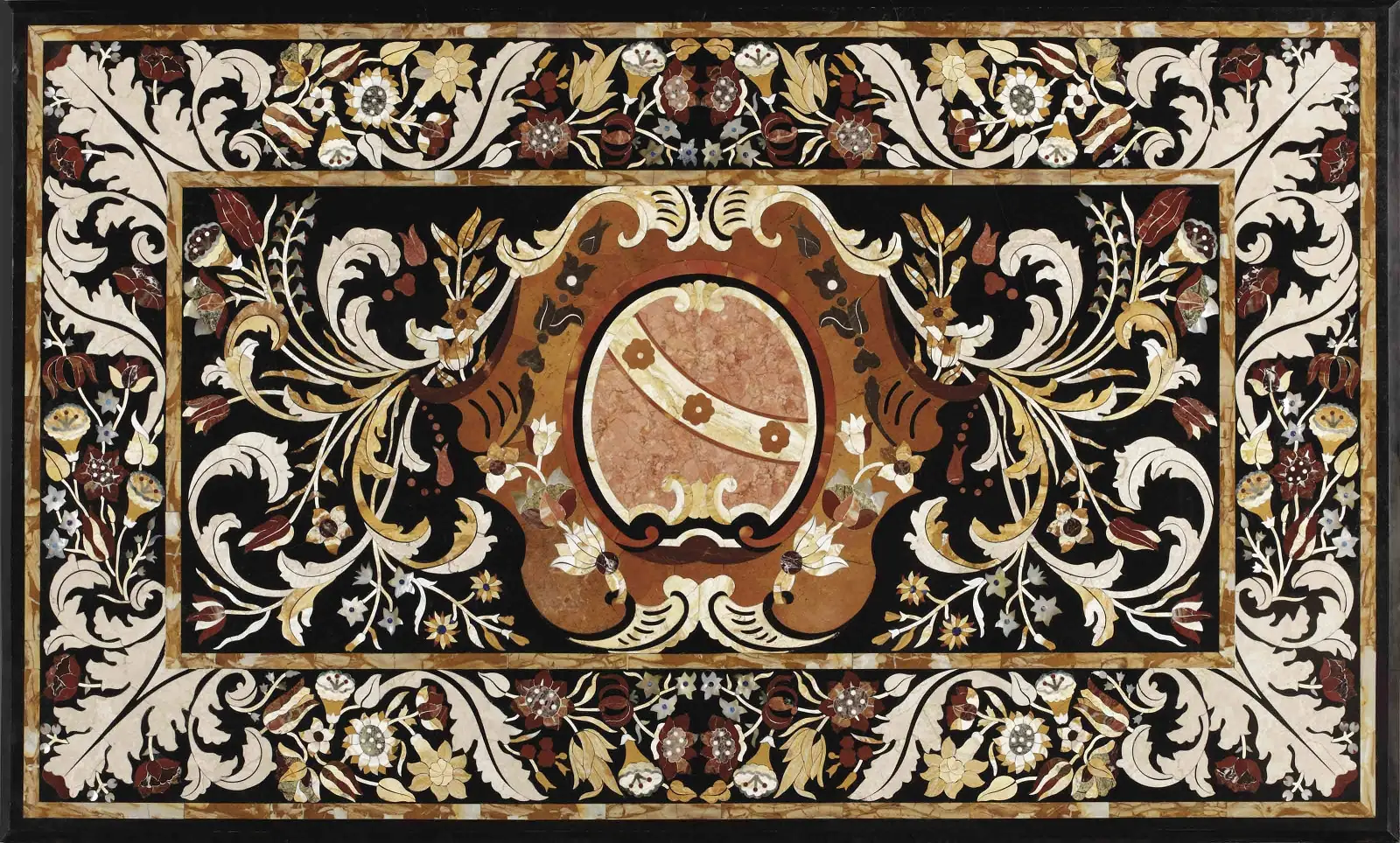 Elegant Black Marble Inlay Tabletop – Rectangular Floral Design with Semi-Precious Stones
