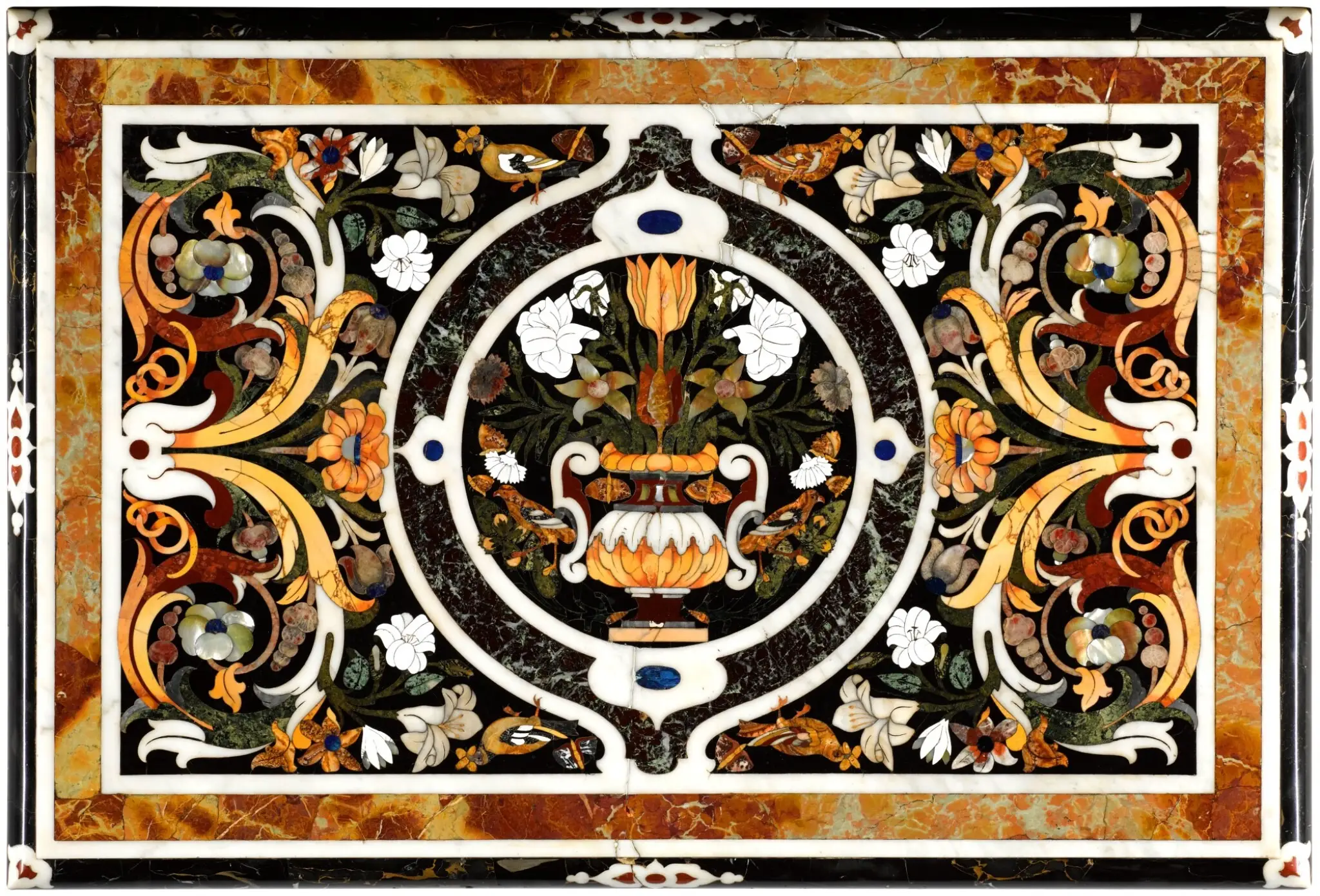 Handmade Marble Inlay Dining— Floral Pietra Dura Tabletop