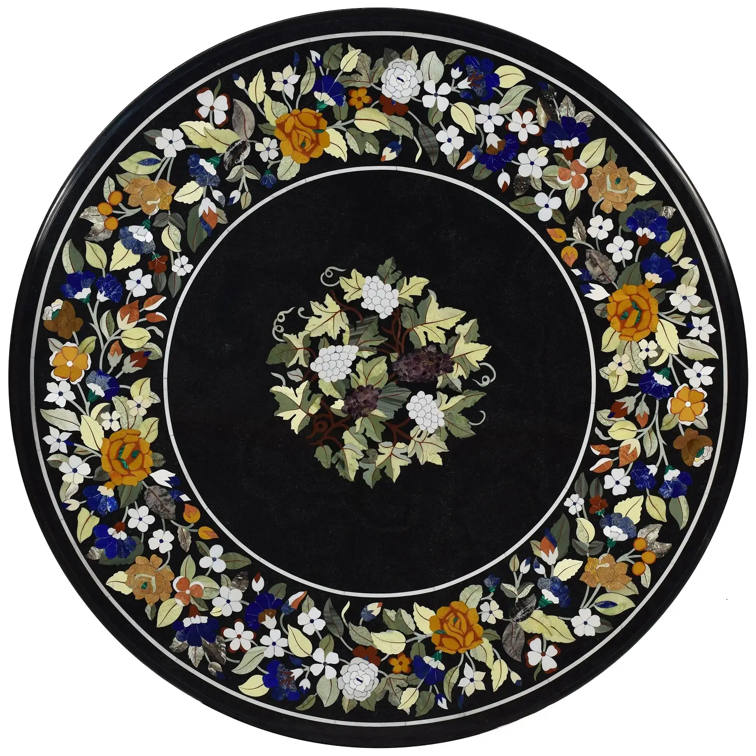 Handcrafted Round Black Marble Floral Inlay Dining Tabletop – Elegant Pietra Dura Art