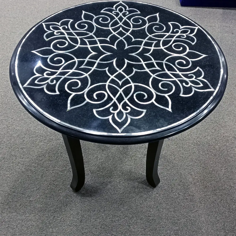 Inlay Mother of Pearl Modern Design Black Marble Inlay Side Table- 18inch Top