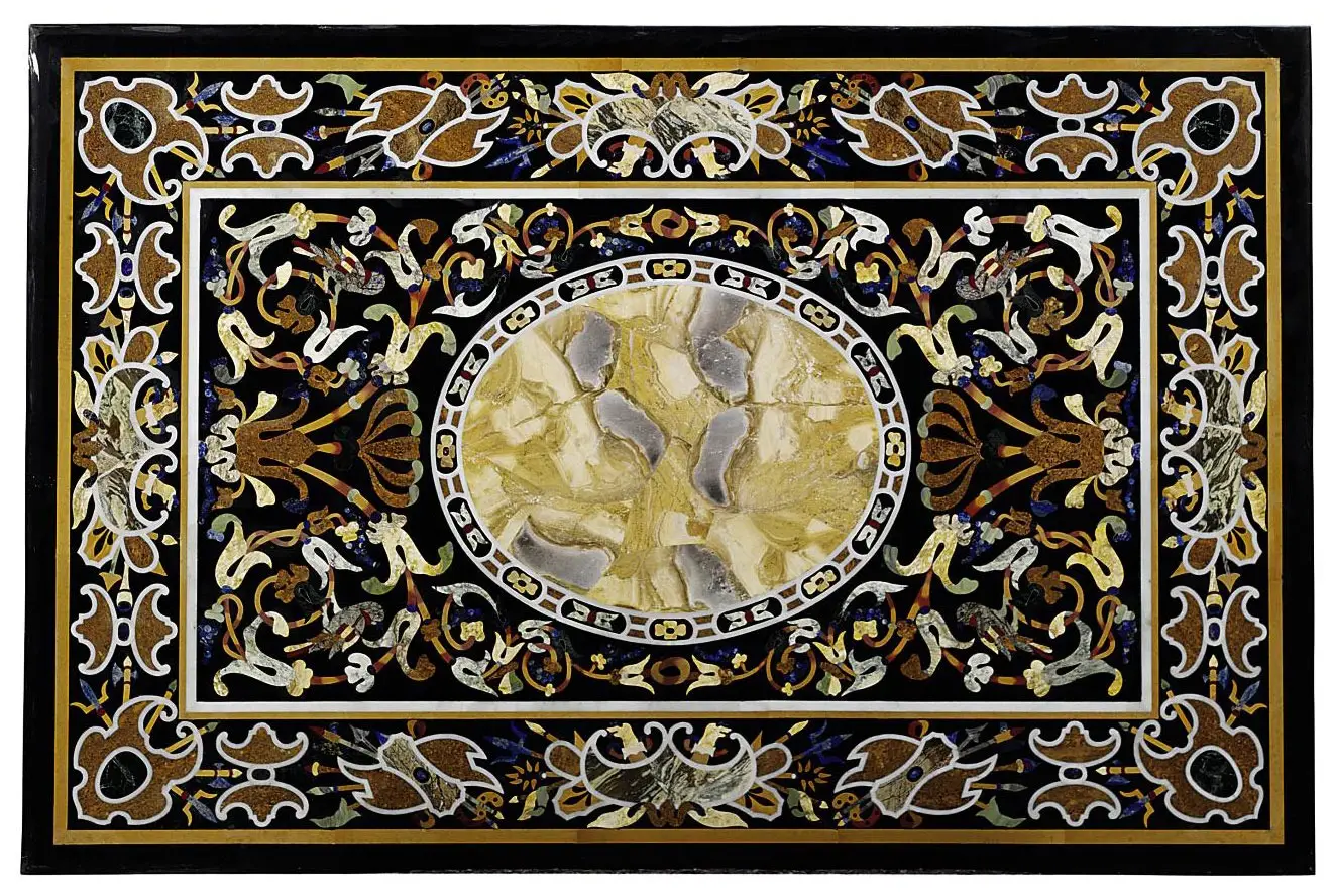 Elegant Black Marble Inlay Tabletop with Floral Design – Handmade Pietra Dura Art