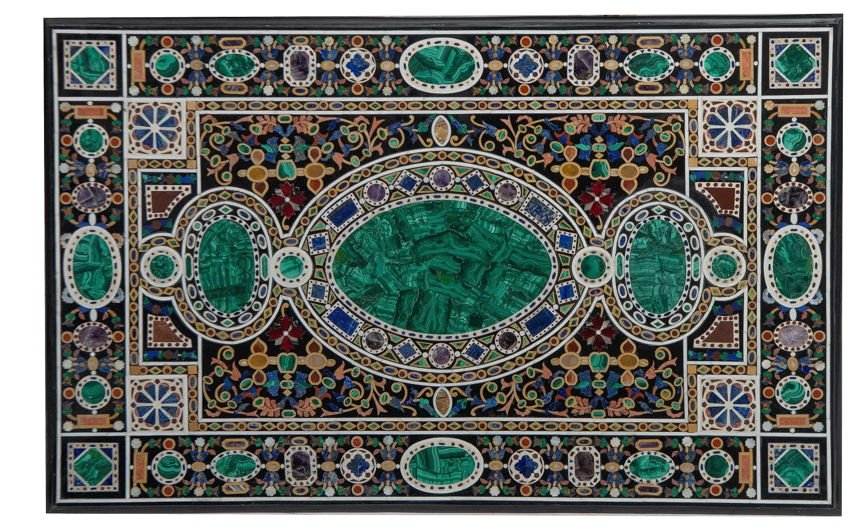 Luxury Black Marble Inlay Tabletop with Malachite and Semi-Precious Stones – Handmade Art from Agra