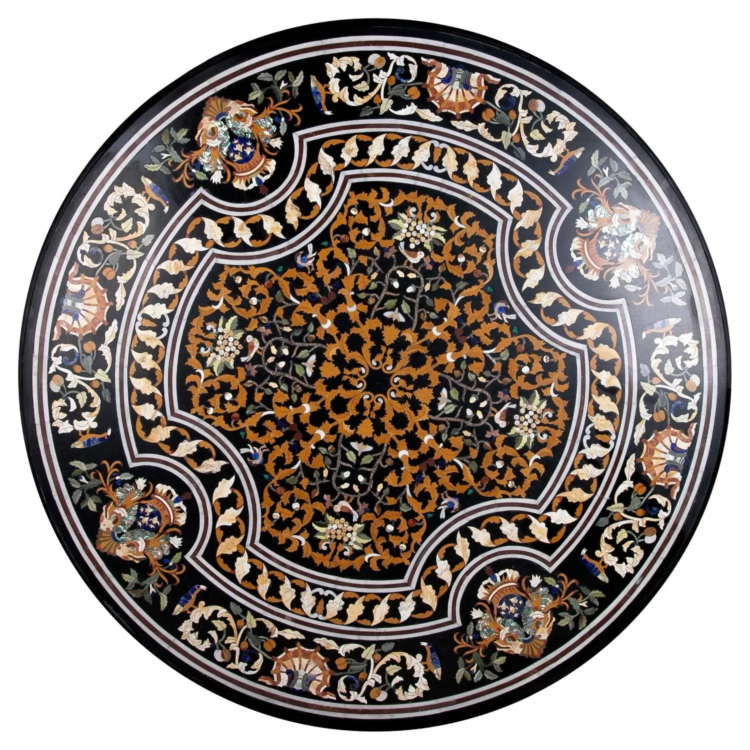 Handcrafted Black Marble Floral Inlay Round Tabletop — Luxury Pietra Dura Art