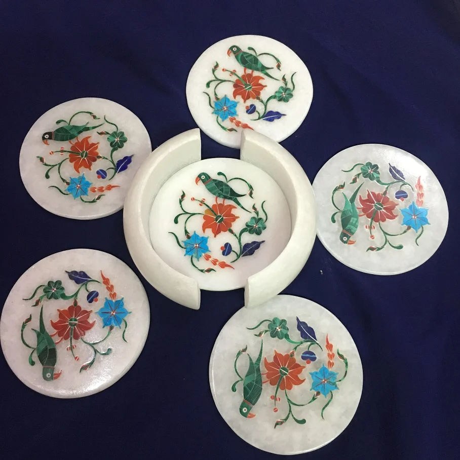 White Marble Inlay Coaster Set – Handmade Parrot Design Stone Coasters close detail