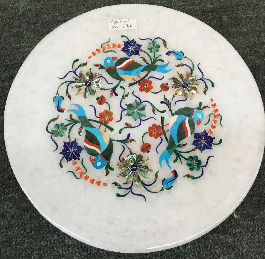 8 Inch White Marble Inlay Plate – Handmade Bird Design Decorative Plate