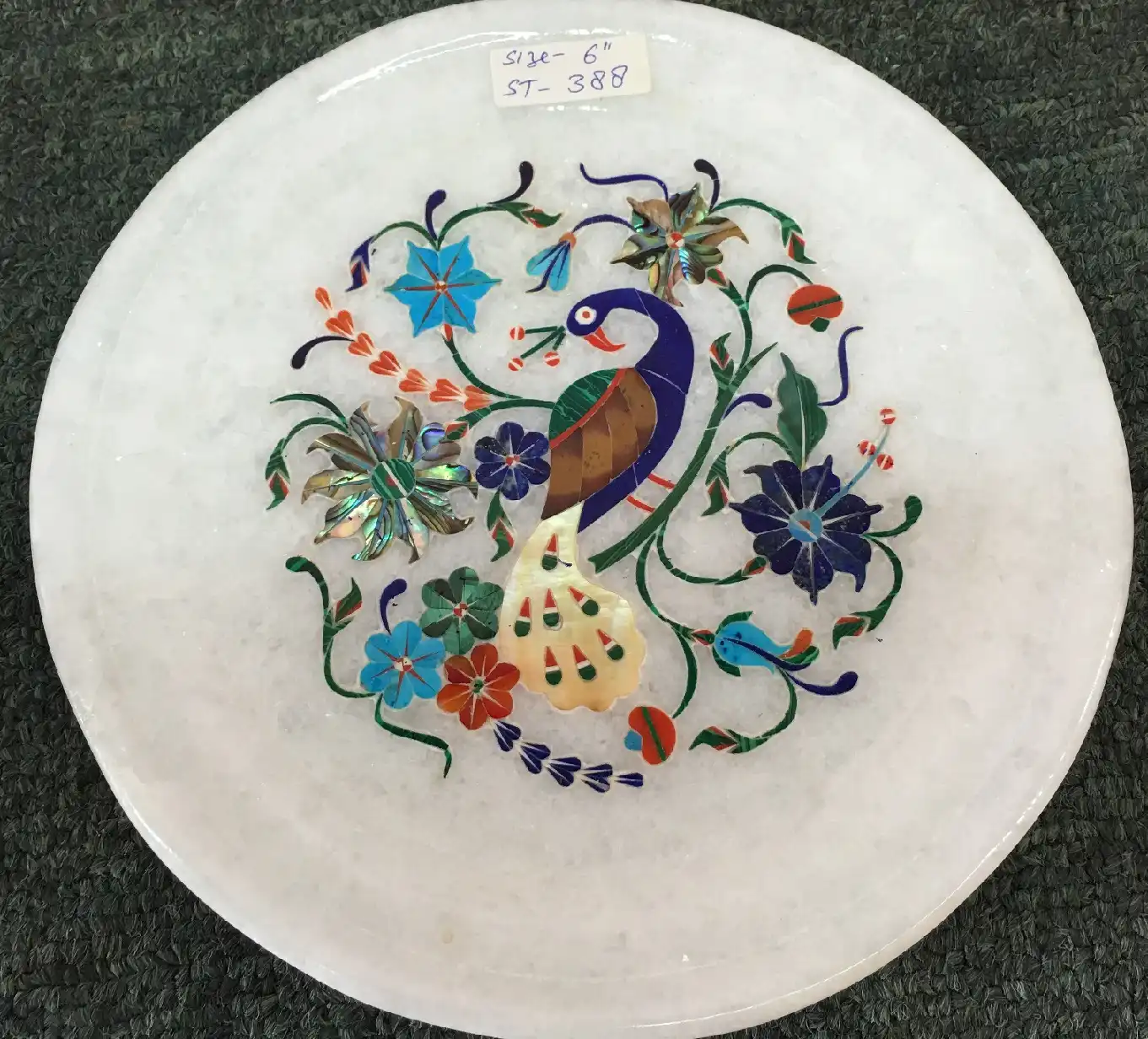 6 Inch White Marble Inlay Plate – Handmade Peacock Decorative Plate close detail