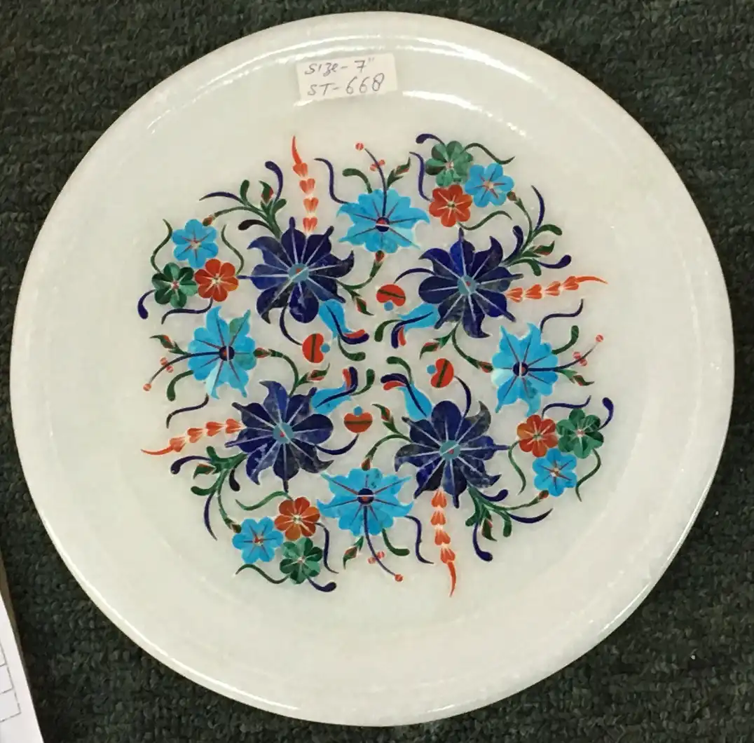 7 Inch White Marble Inlay Plate – Handmade Floral Decorative Plate