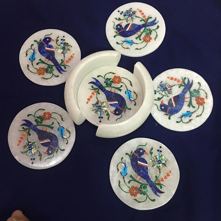 White Marble Inlay Coaster Set – Parrot and Lapis Design Handmade Stone Coasters close detail