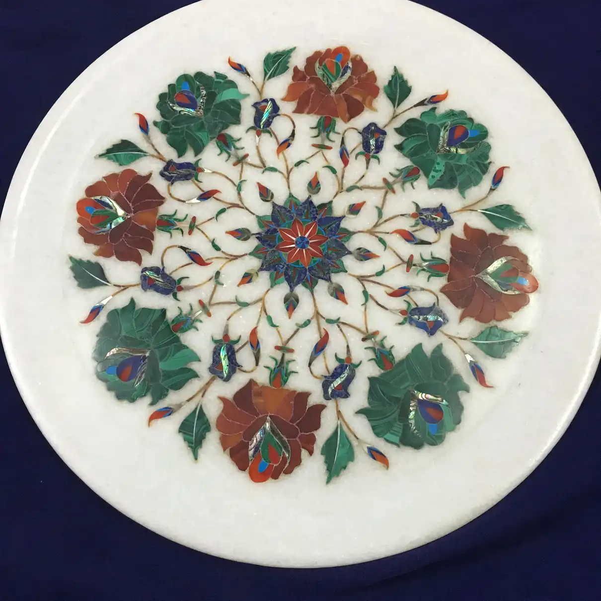 12 Inch White Marble Inlay Plate – Handmade Decorative Display Plate alternate view