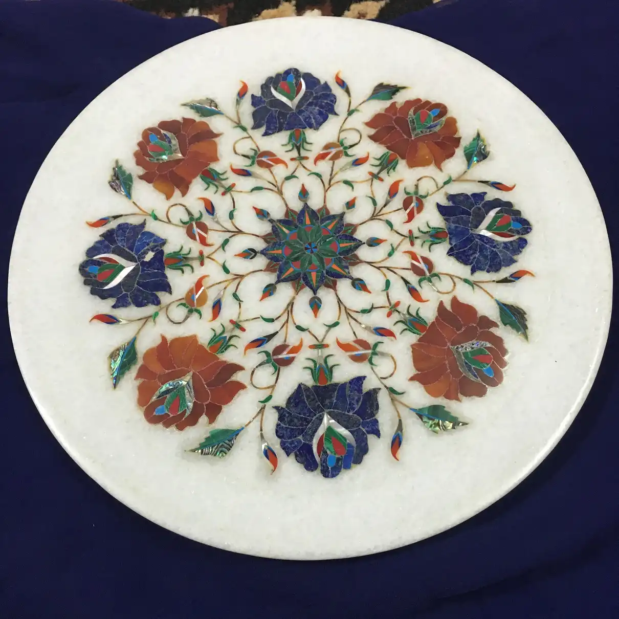 12 Inch White Marble Inlay Plate – Handmade Decorative Display Plate