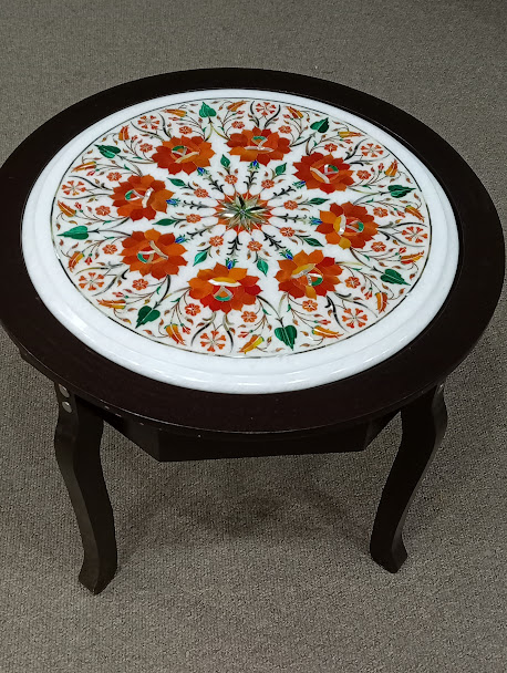 16 Inch Round Marble Inlay End Table – Handmade Side Table for Small Spaces
