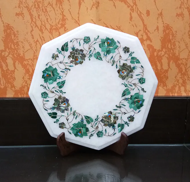 Malachite & Abalone Shell Inlaid Marble Side Table Top
