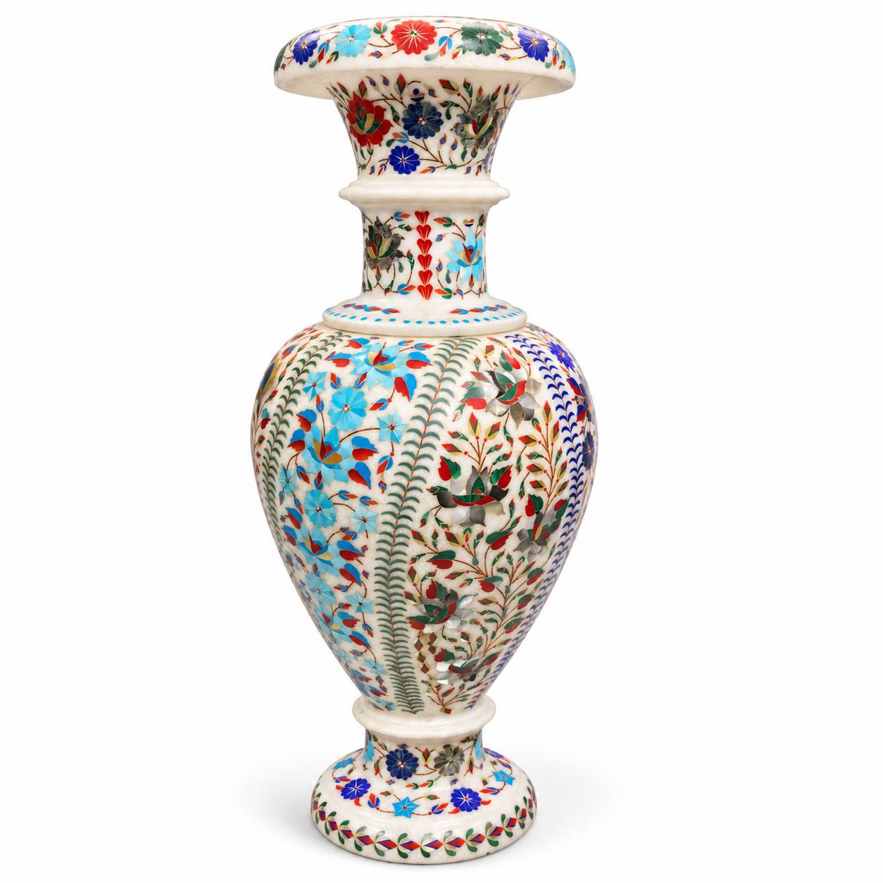 24-Inch Floral Panel Marble Inlay Vase with Pedestal Base alternate view
