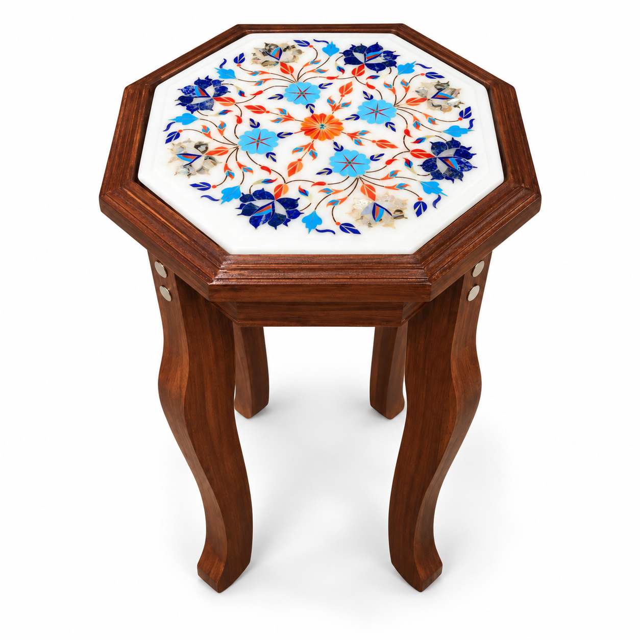 9-Inch Octagonal Lapis Lazuli & Carnelian Marble Inlay Table Top | Optional Wooden Stand alternate view