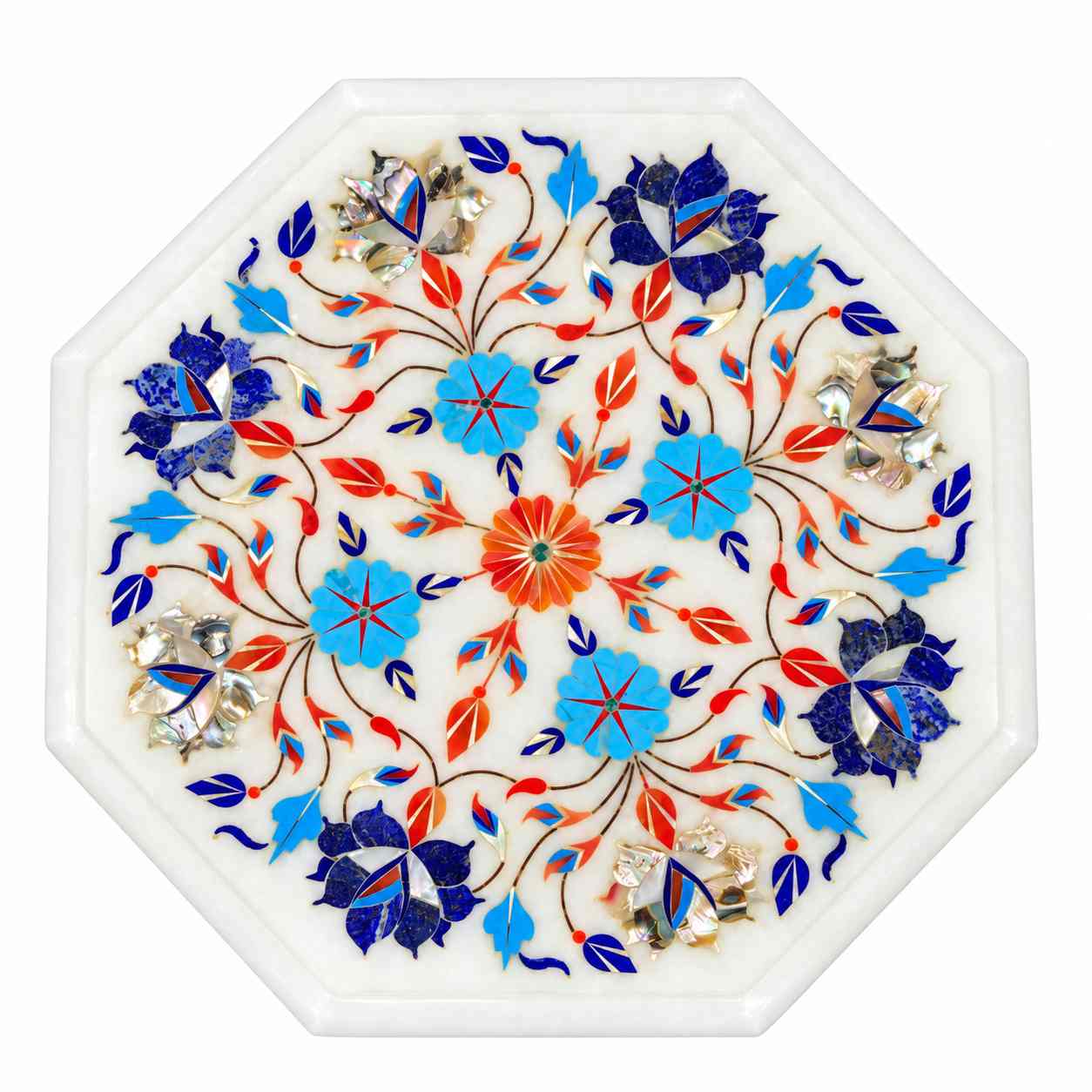 9-Inch Octagonal Lapis Lazuli & Carnelian Marble Inlay Table Top | Optional Wooden Stand close detail